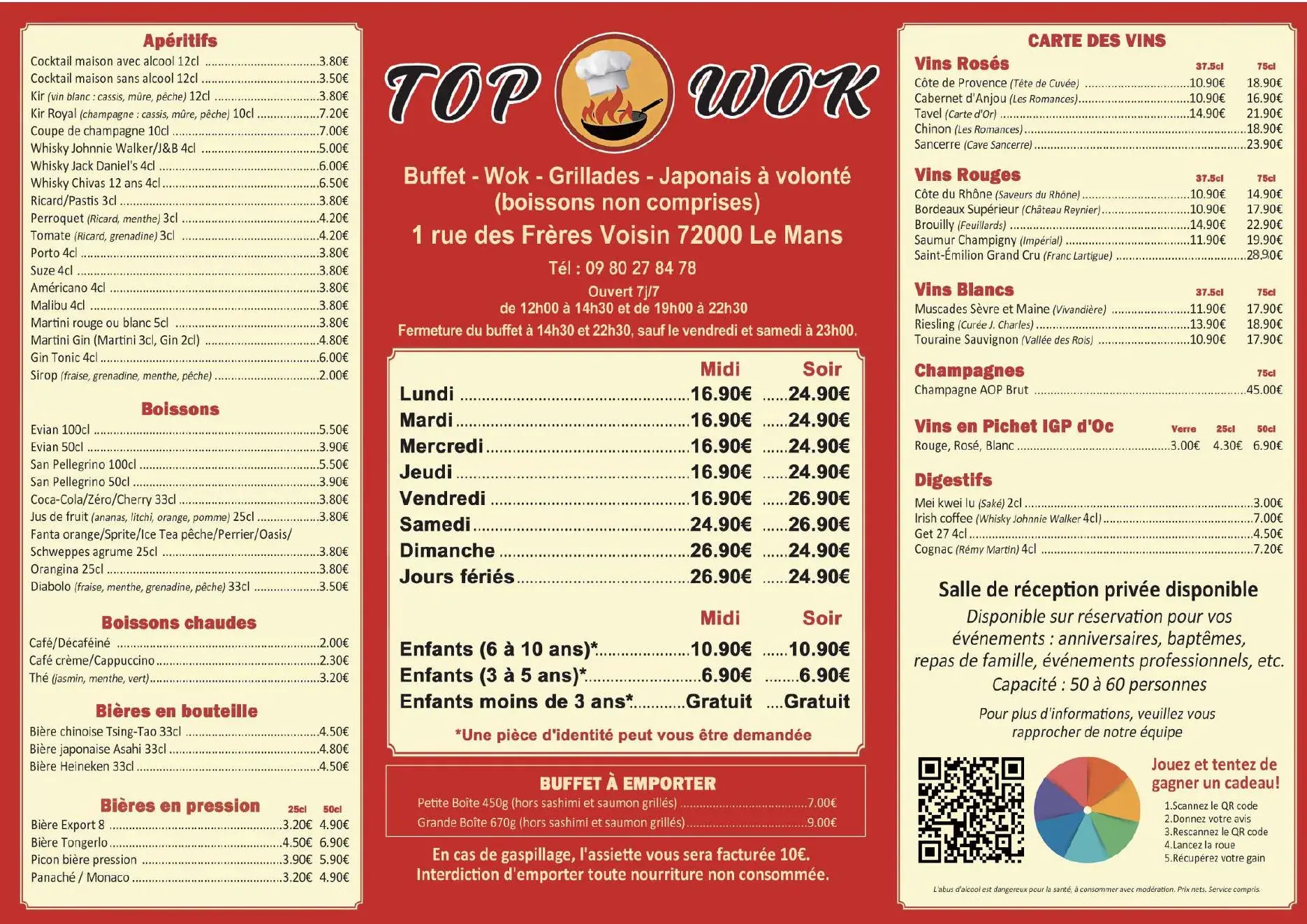 Menu complet de Top Wok avec les tarifs du buffet, les boissons et la carte des vins